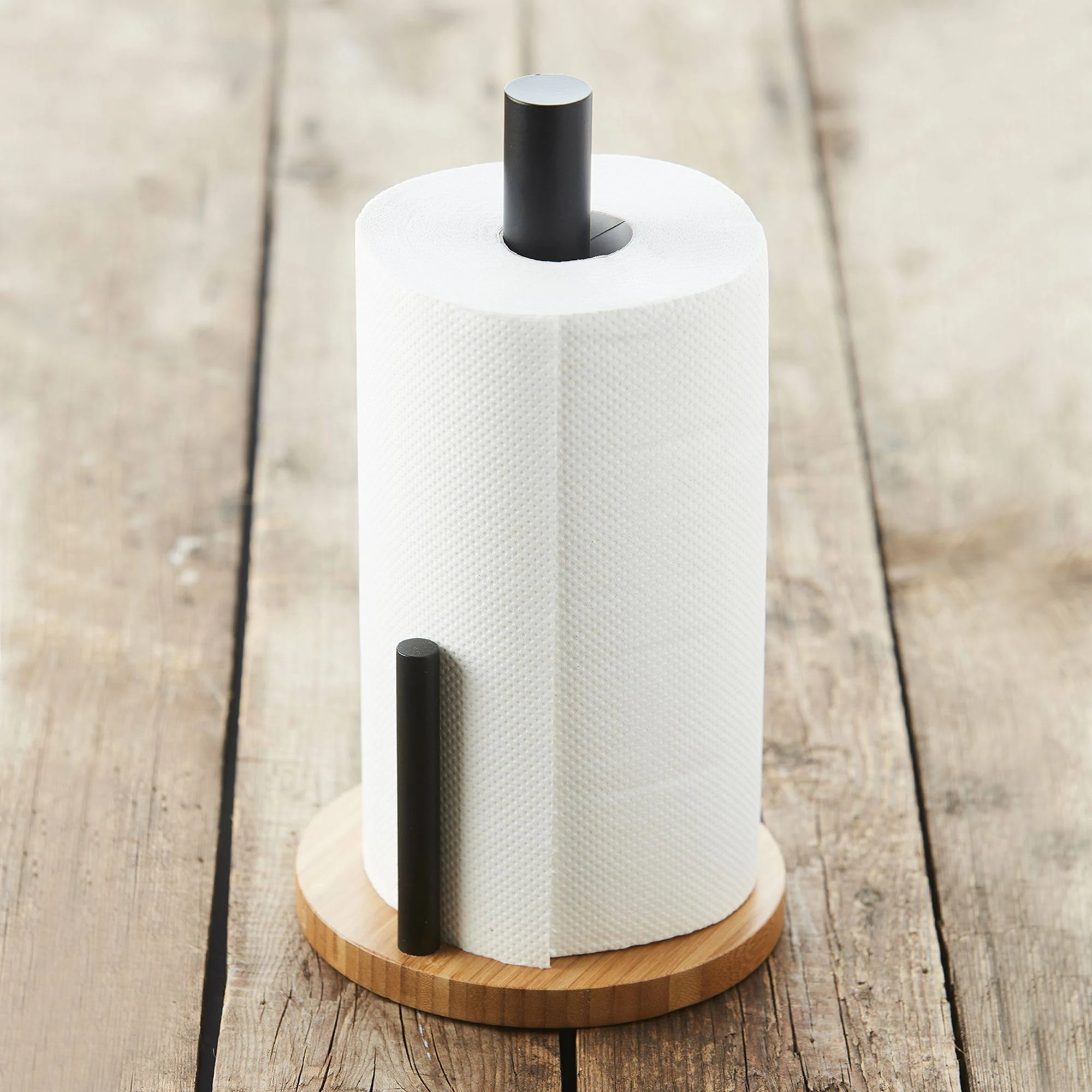 HIKITCHEN Staande Keukenrolhouder - Staal Met Bamboe Onderkant, Zwart